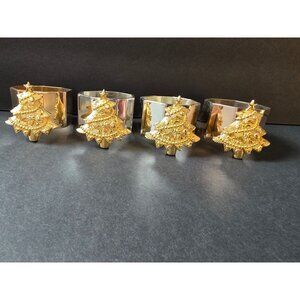 Set Of 4 Silver & Gold Christmas Tree Napkin Rings Octagonal Design